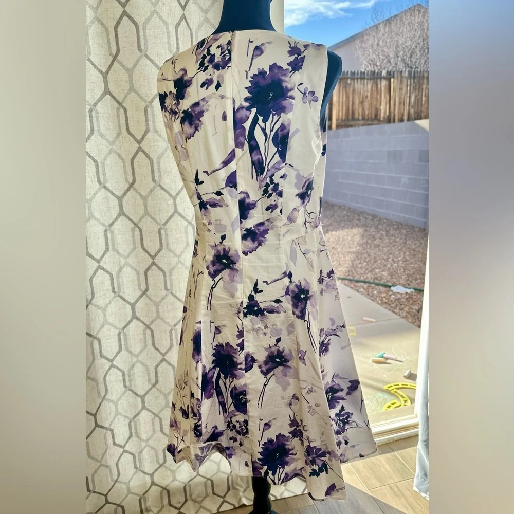 EUC DKNY White & Purple Floral Handkerchief Hem Fit-&-Flare Dress - Picture 10 of 16